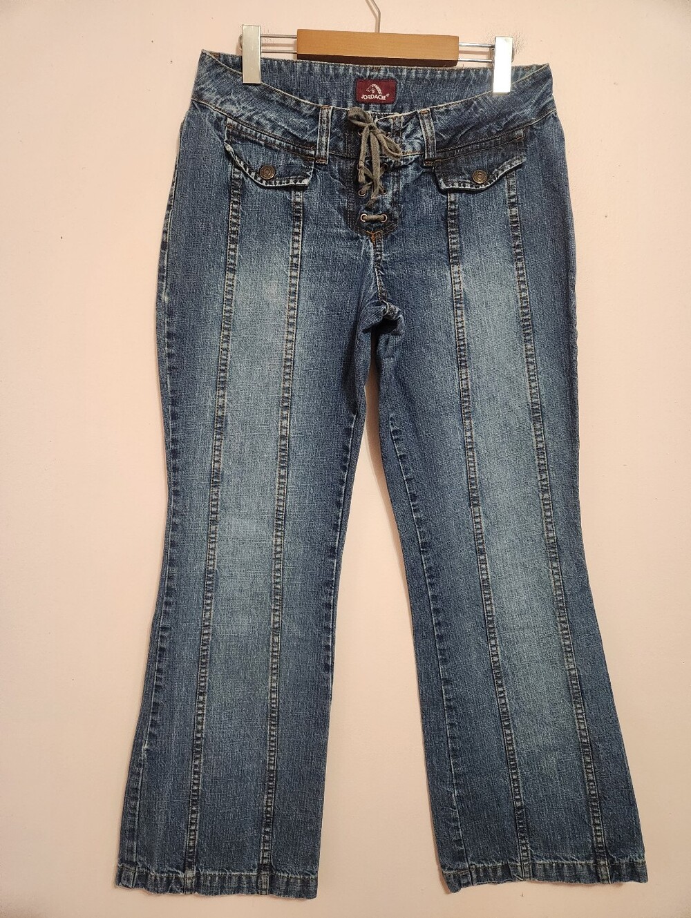 Vintage Y2K Jordache Lace Up Fly Flare Jeans Wide Leg Pocketless Back Blue 11/30
